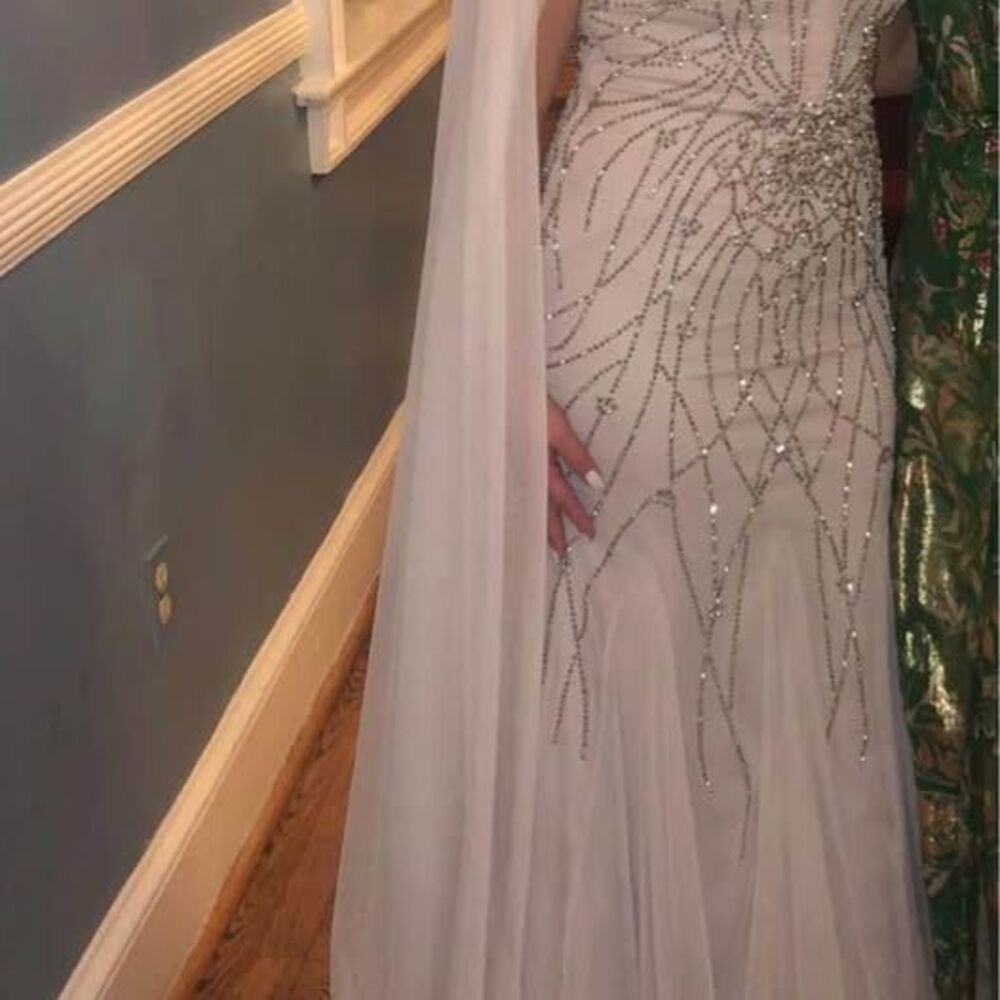 Custom Tan Beaded Fancy Evening Gown with Tull Cape Sleeves